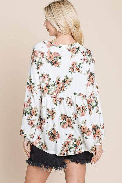 Super Lady Full Size Babydoll Floral Boat Neck Blouse