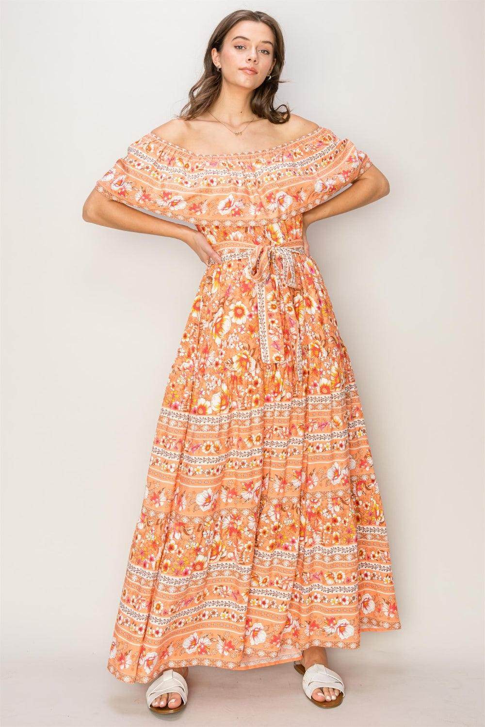 HYFVE Floral Off-Shoulder Tie Front Maxi Dress for Women