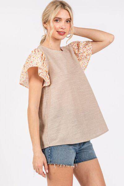 Ces Femme Round Neck Floral Short Sleeve Top for Women