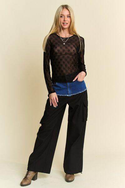 Davi & Dani Bow Mesh Round Neck Long Sleeve Top for Women