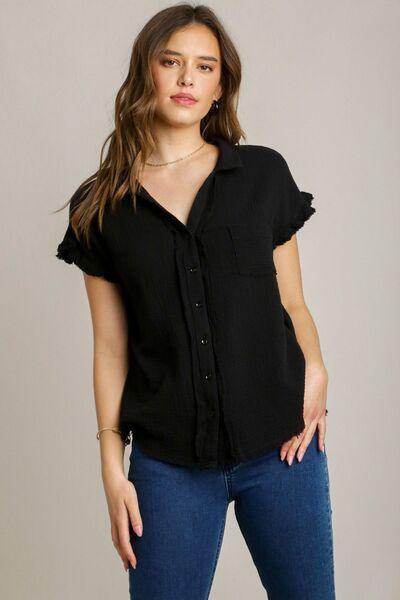 Umgee Full Size Frayed Hem Collared Neck Shirt Plus Size