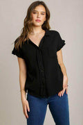 Umgee Full Size Frayed Hem Collared Neck Shirt Plus Size
