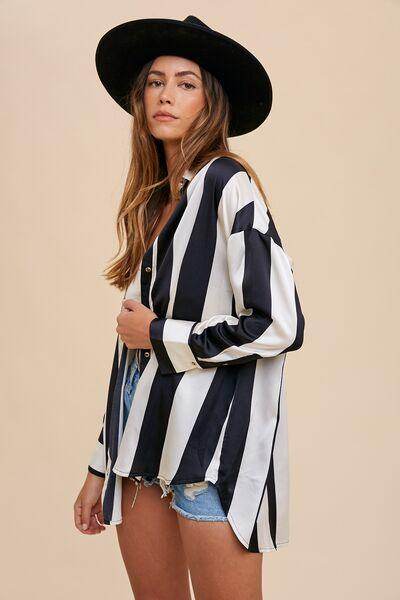 Annie Wear Striped Dropped Shoulder Button Up Shirt for Women