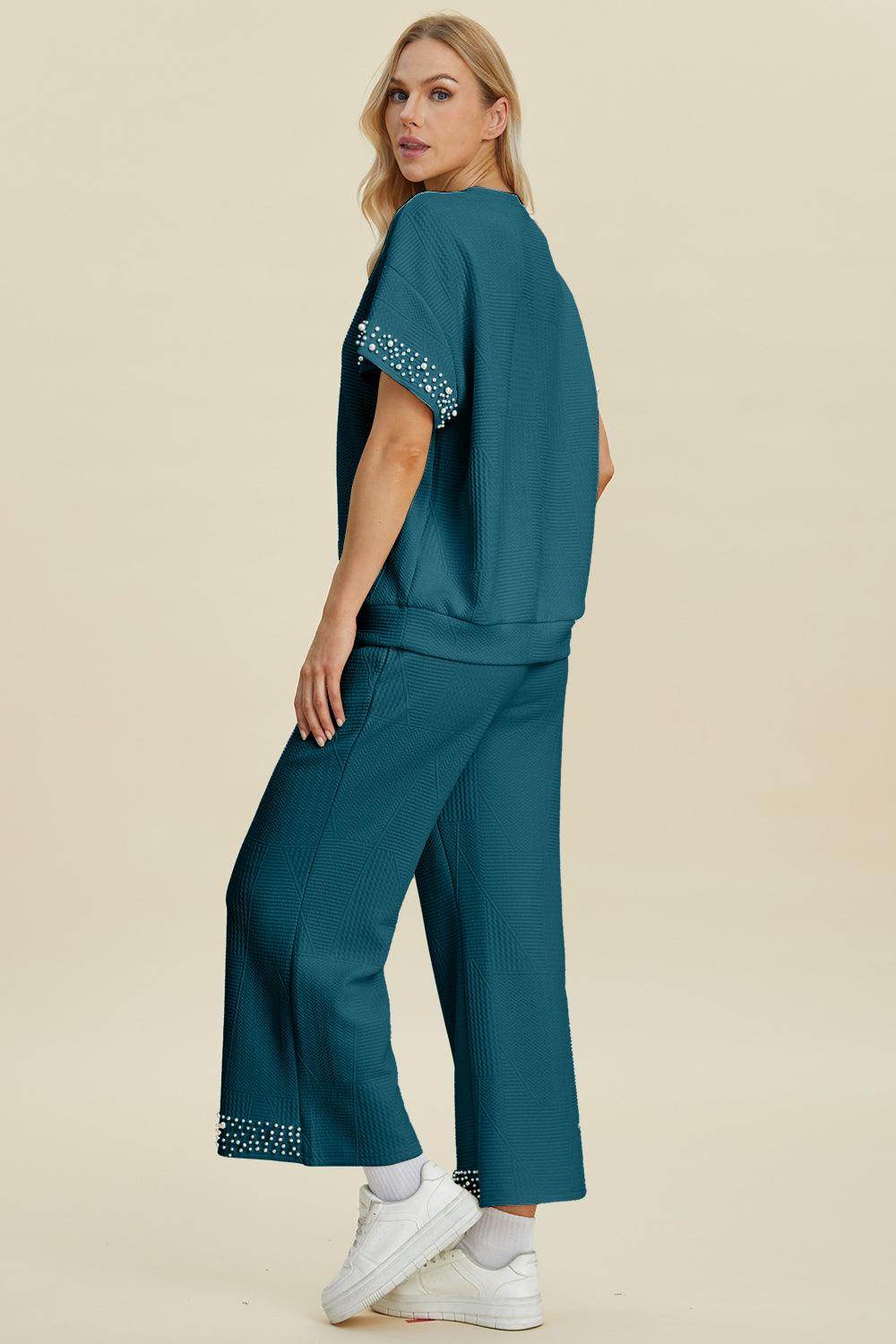 Double Take Full Size Pearl Detail Round Neck Top Pants Set