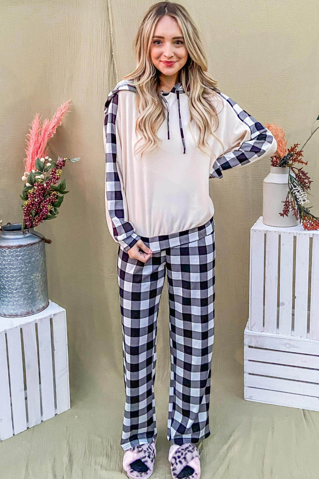 And The Why Drawstring Hooded Top and Plaid Pants Set
