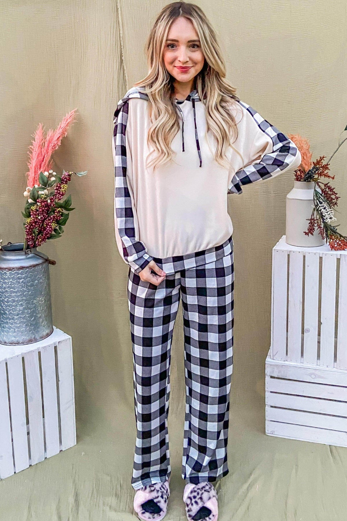 And The Why Drawstring Hooded Top and Plaid Pants Set