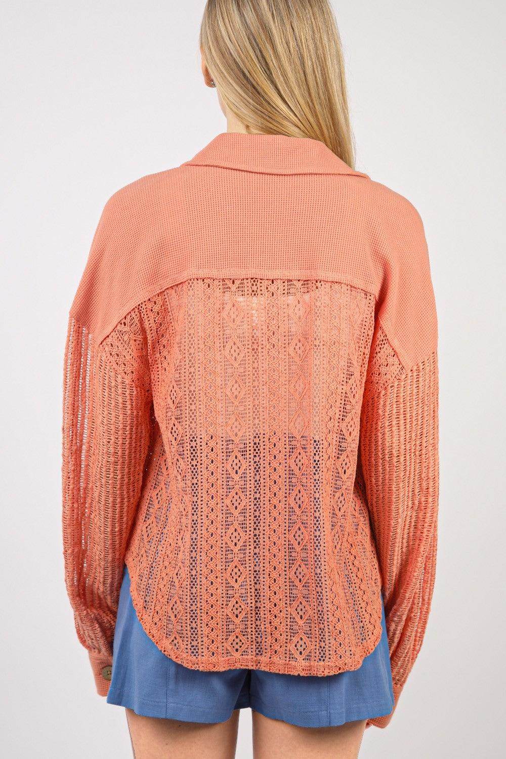 Very J Button Up Long Sleeve Lace Shirt for Women
