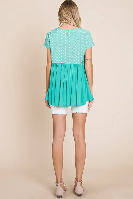 Lime 'N' Chili Full Size Embroidered Short Sleeve Pleated Babydoll Top Plus Size