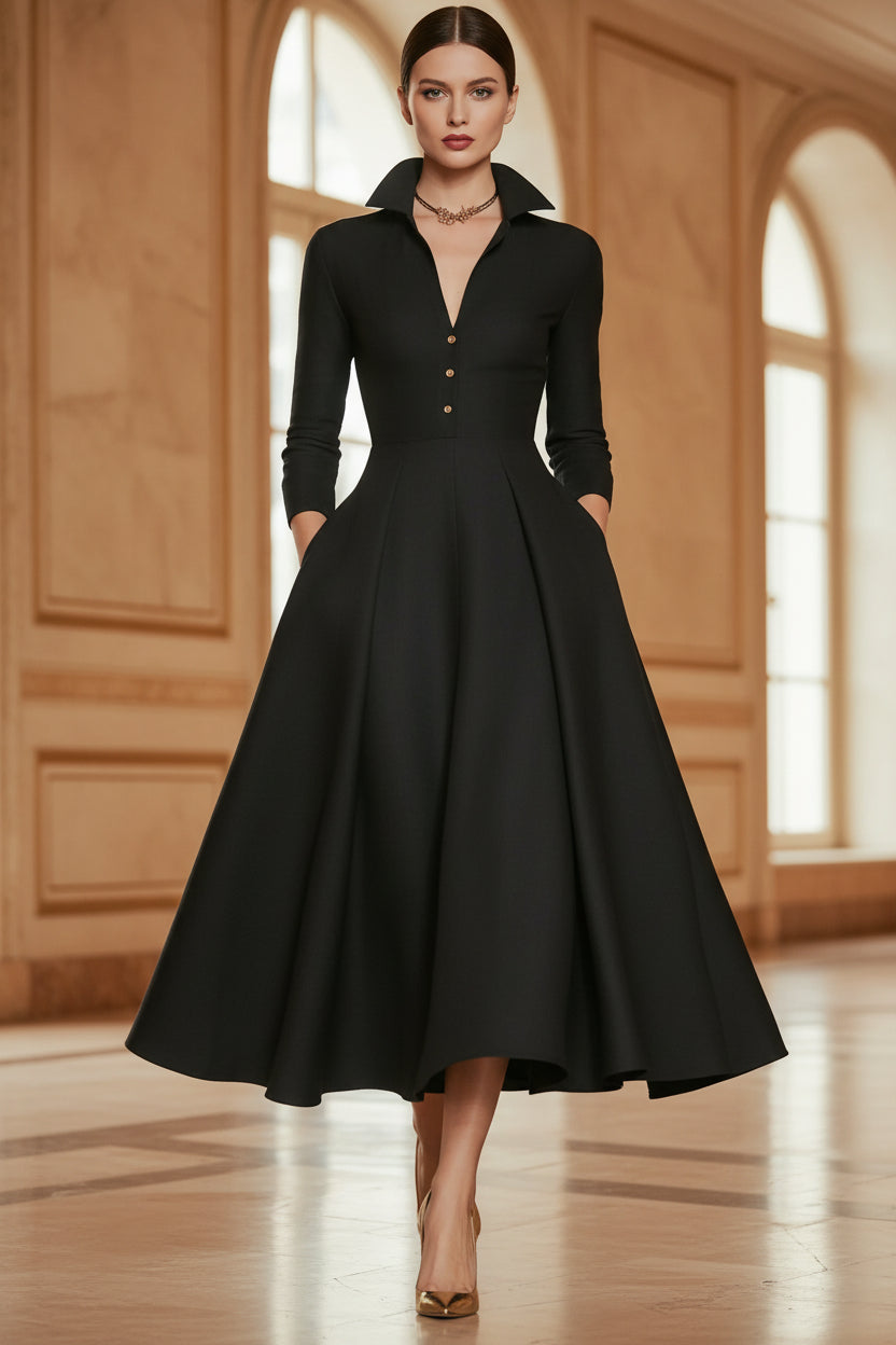 V-Neck Waist-Cinching Long Sleeve Midi Dress