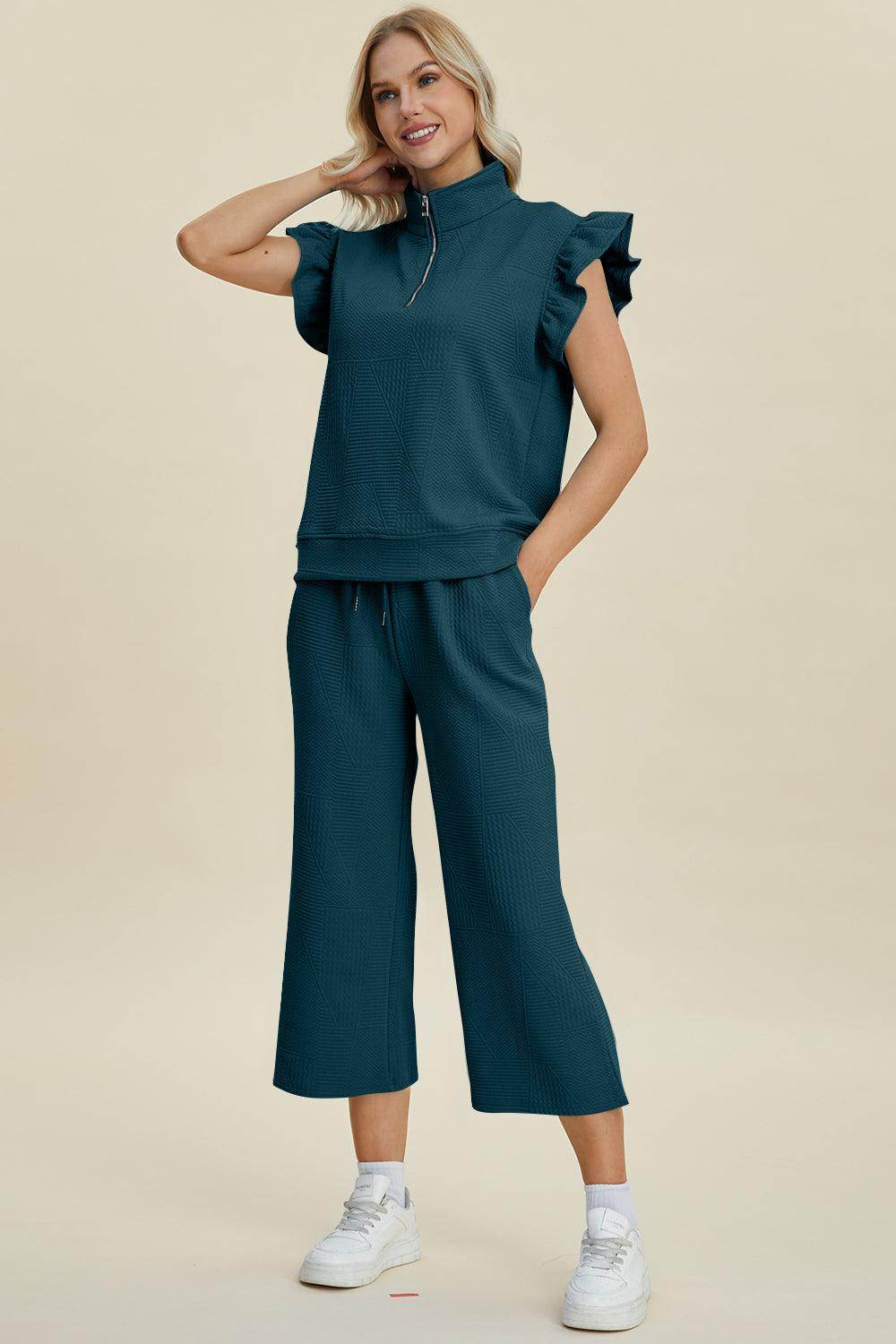 Double Take Full Size Texture Ruffle Top and Pants Set