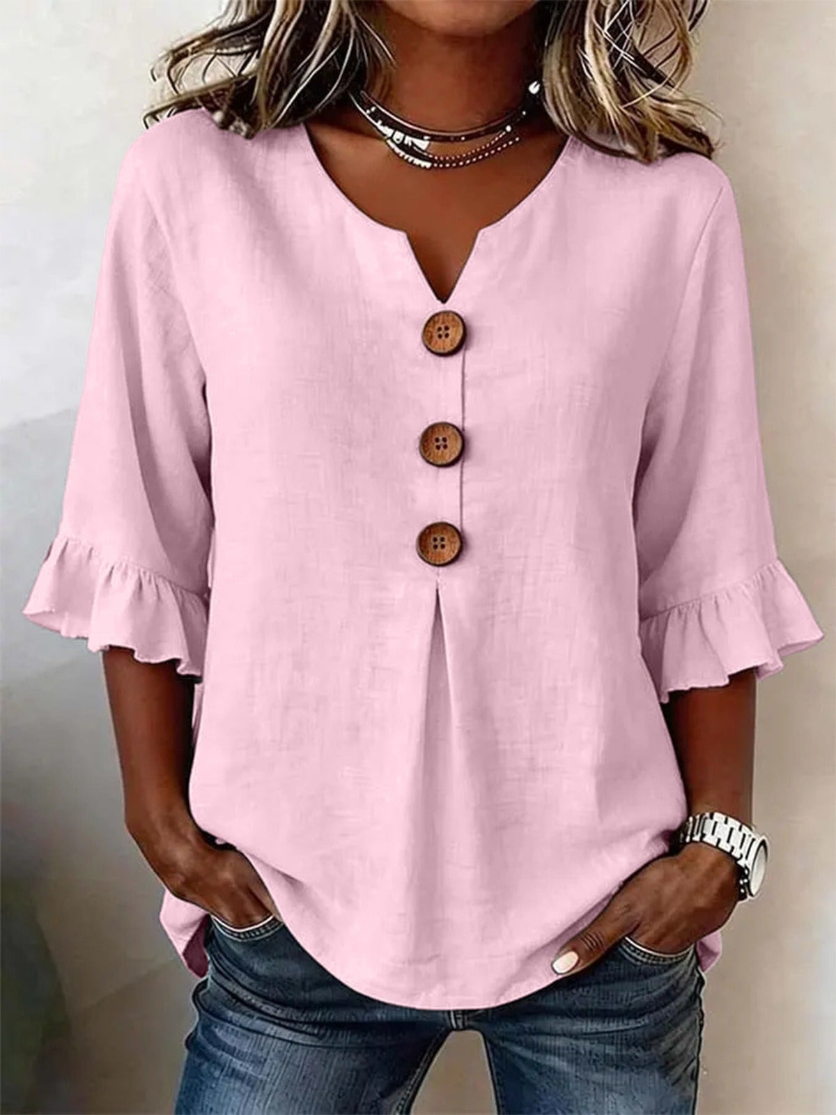 Women's V-Neck Button-Up Blouse — Summer Casual Top