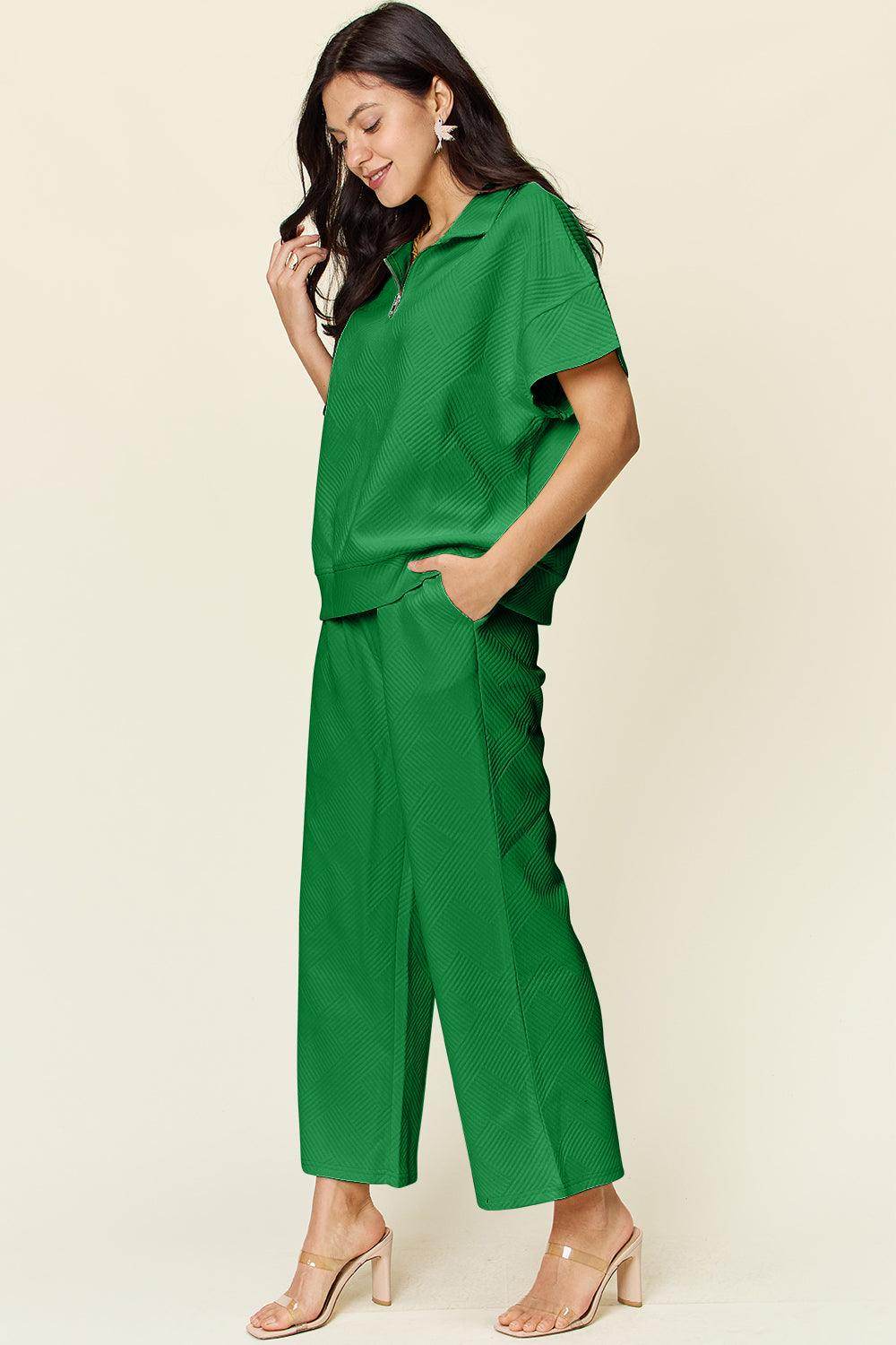 Double Take Full Size Texture Half Zip Short Sleeve Top Set