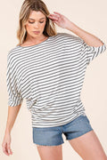 BOMBOM Striped Boat Neck Dolman Sleeve Top for Women
