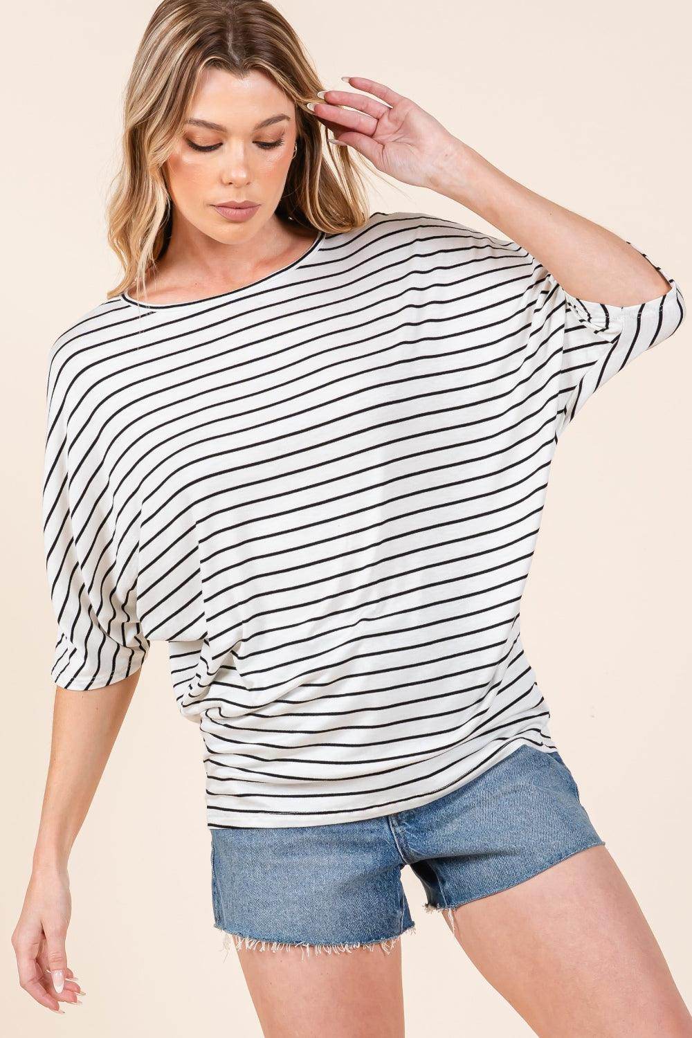 BOMBOM Striped Boat Neck Dolman Sleeve Top for Women
