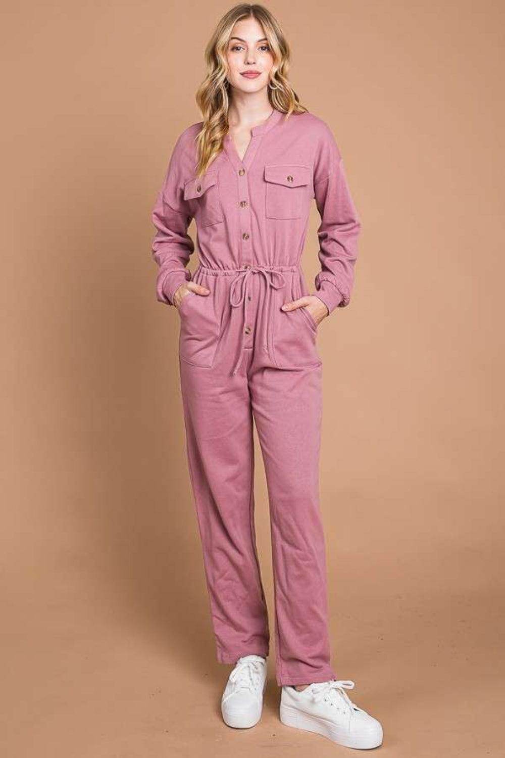 Culture Code Full Size Button Up Drawstring Waist Jumpsuit