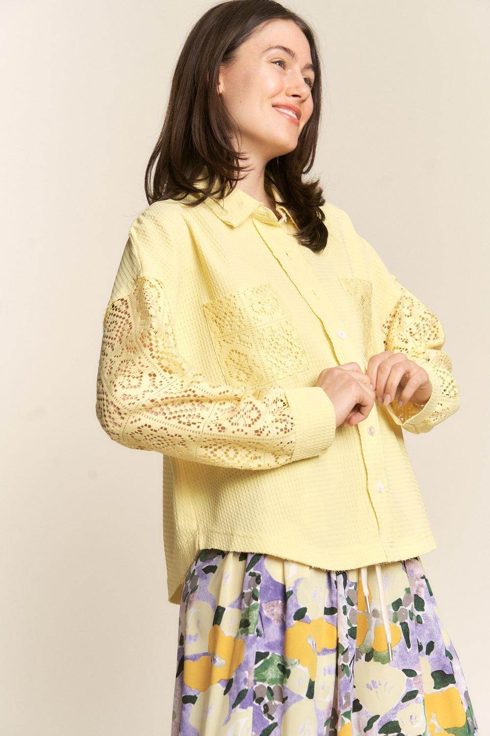 J.NNA Button Down Lace Long Sleeve Waffle Shirt for Women