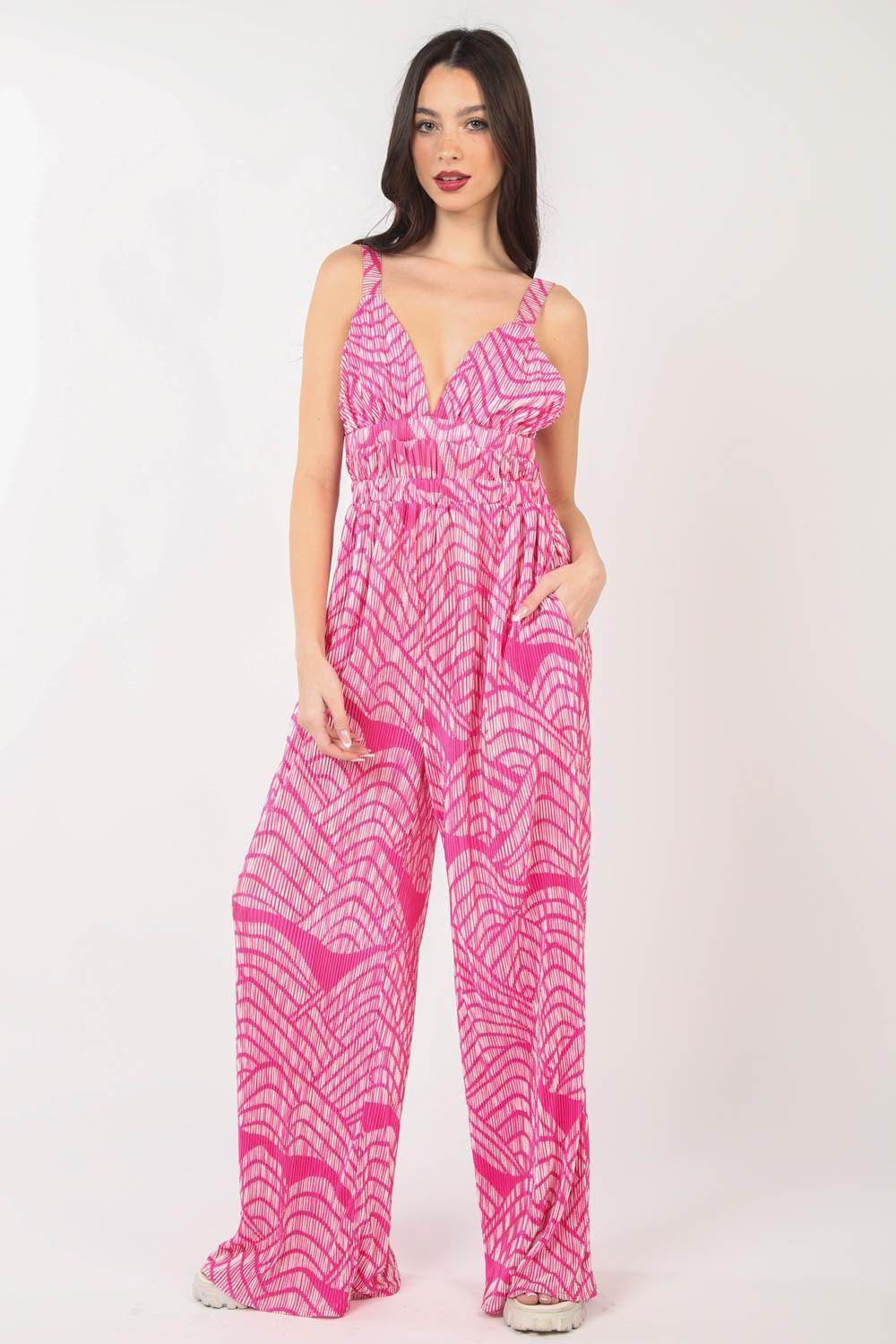 Very J Printed Pleated Sleeveless Wide Leg Jumpsuit