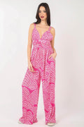Very J Printed Pleated Sleeveless Wide Leg Jumpsuit