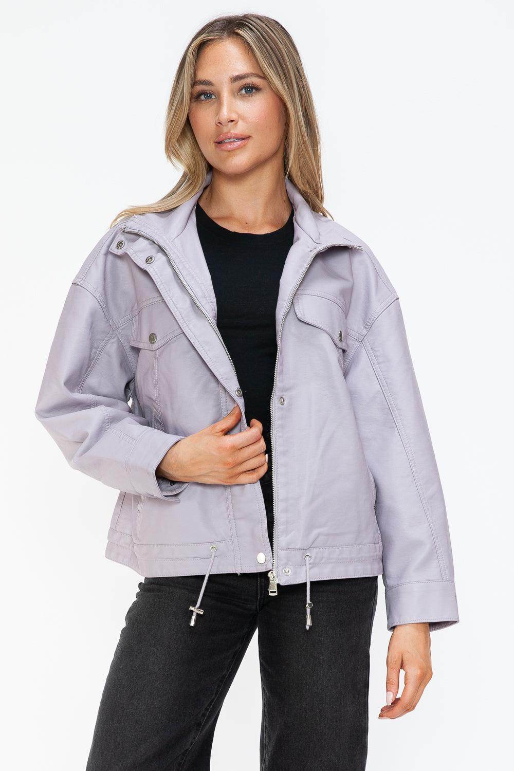 How Dare U Drawstring Hem PU Leather Zip Up Jacket Women