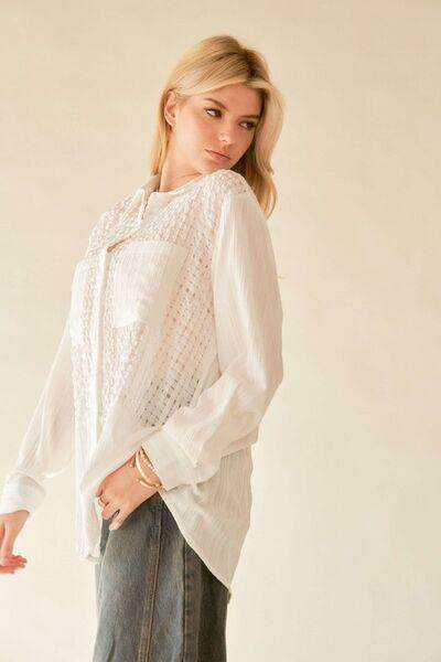 Davi & Dani Crinkled Jacquard Button Down Shirt for Women
