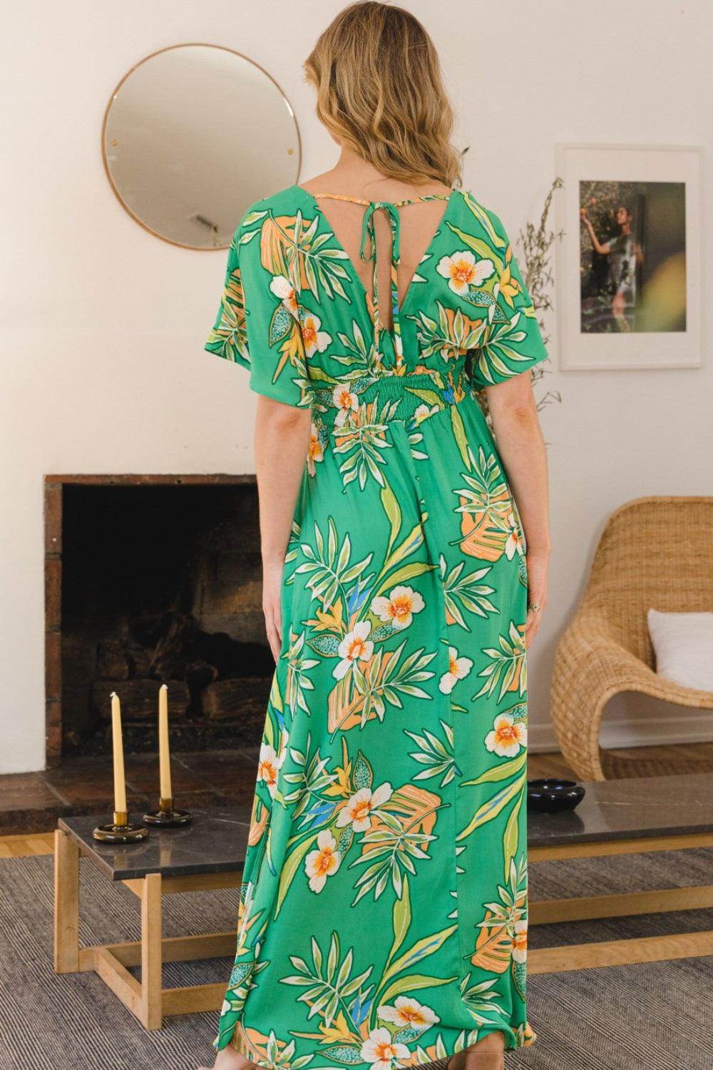 ODDI Full Size Floral Smocked Tied Back Maxi Dress Style