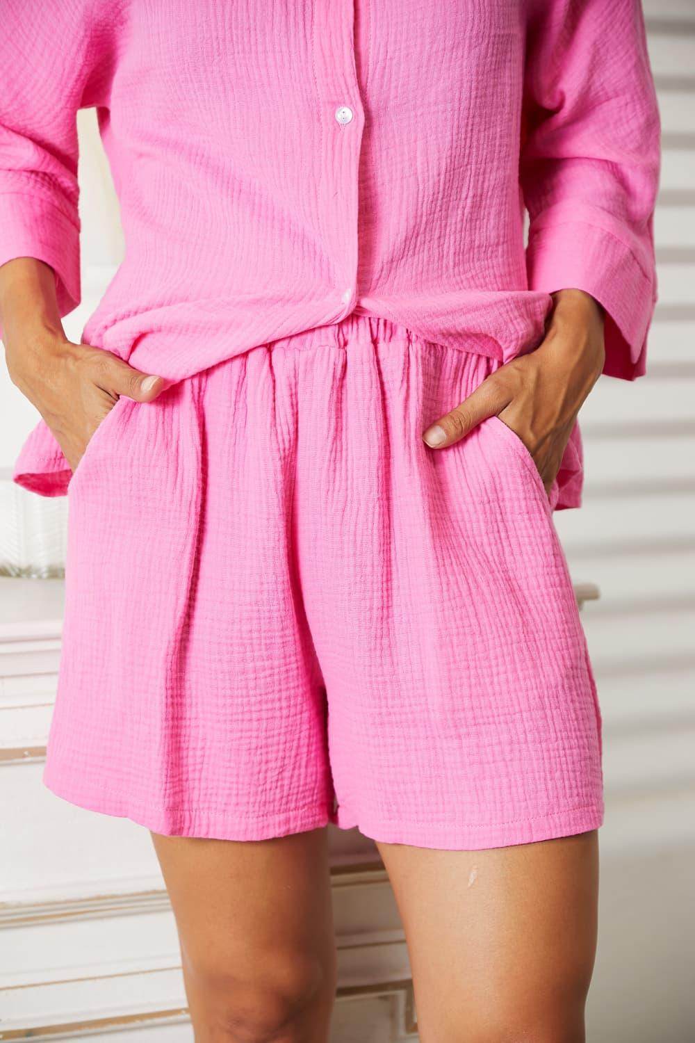 Mandy Textured Shirt and Elastic Waist Shorts Set Outfit