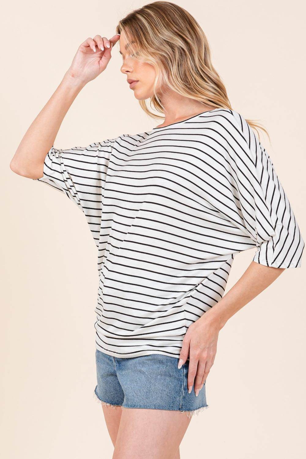 BOMBOM Striped Boat Neck Dolman Sleeve Top for Women