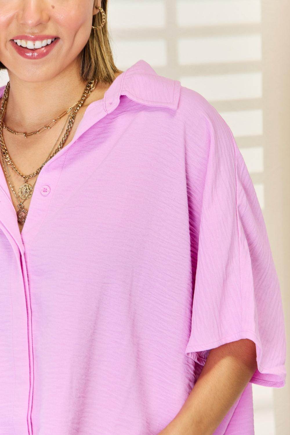 Zenana Texture Button Up Short Sleeve High-Low Shirt Online