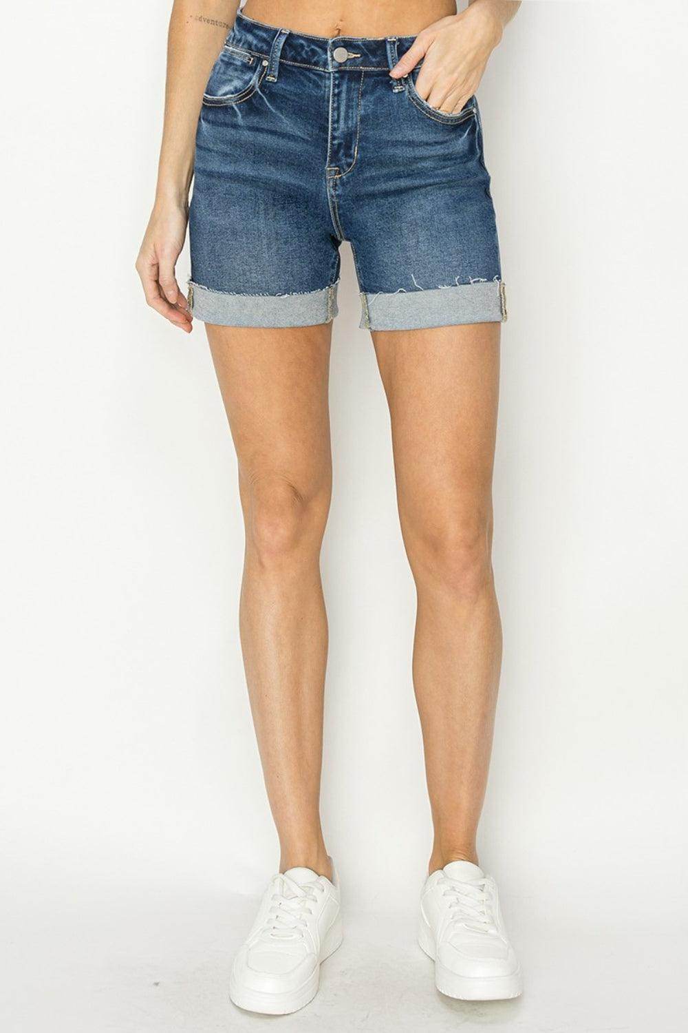 RISEN High Rise Cuffed Denim Shorts for Summer Style