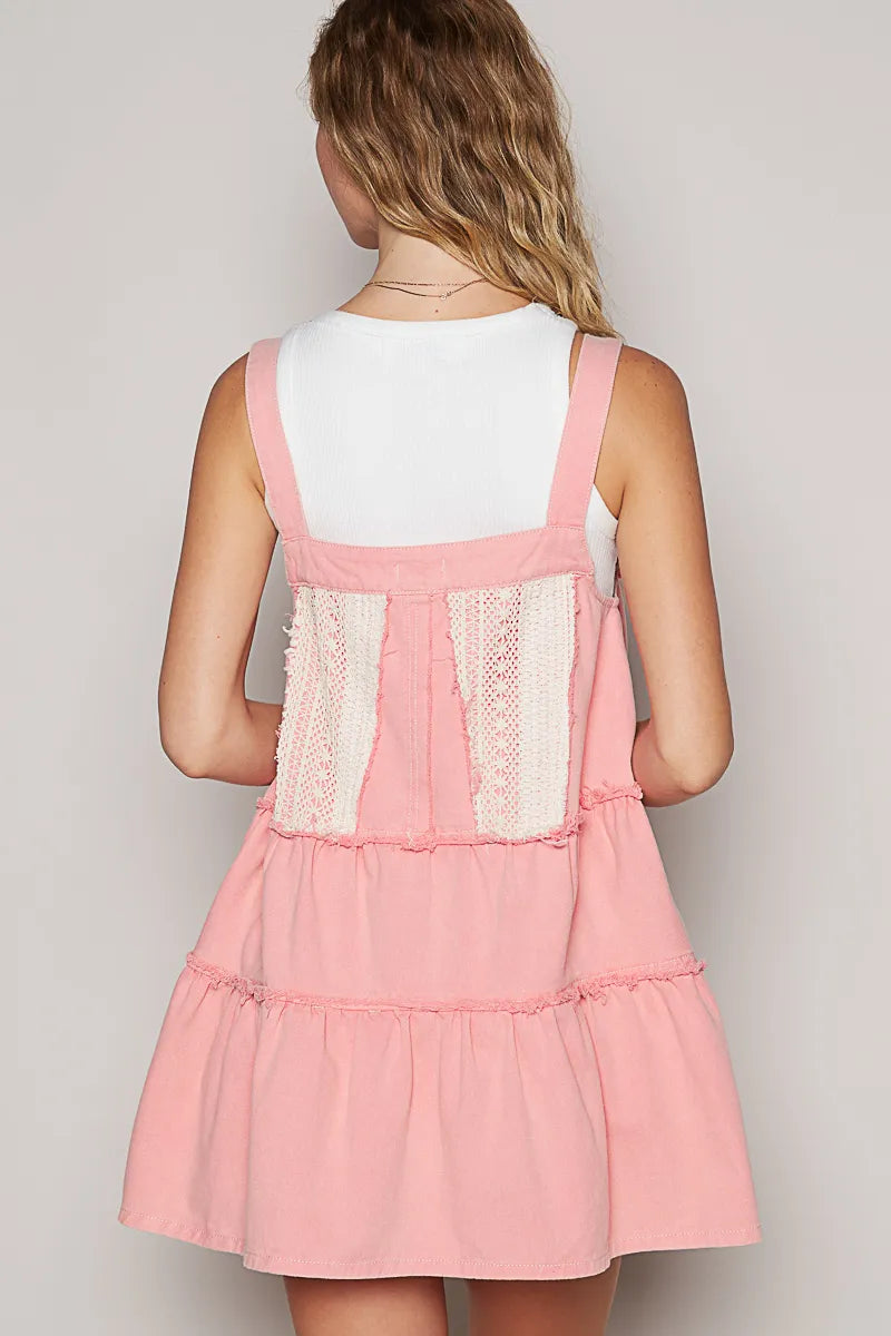 POL Lace Patchwork Detail Denim  luxury Dress