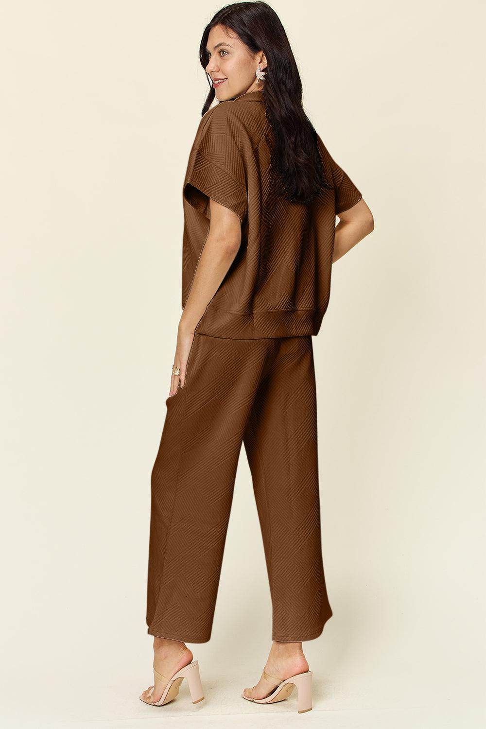 Double Take Full Size Texture Half Zip Short Sleeve Top Set