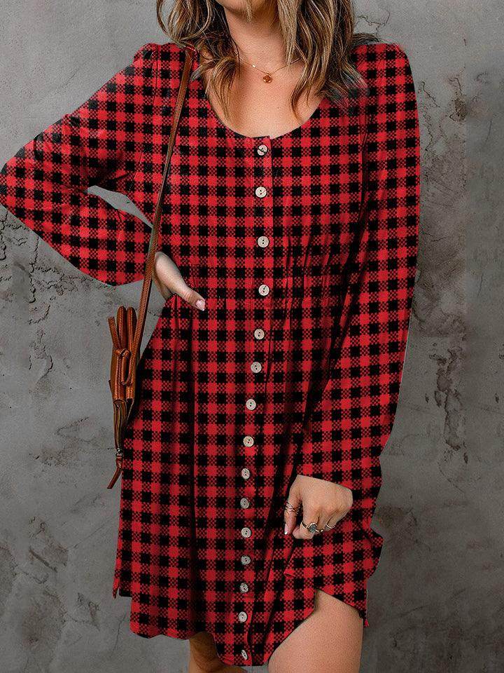 Over Size Plaid Round Neck Long Sleeve Dress For women