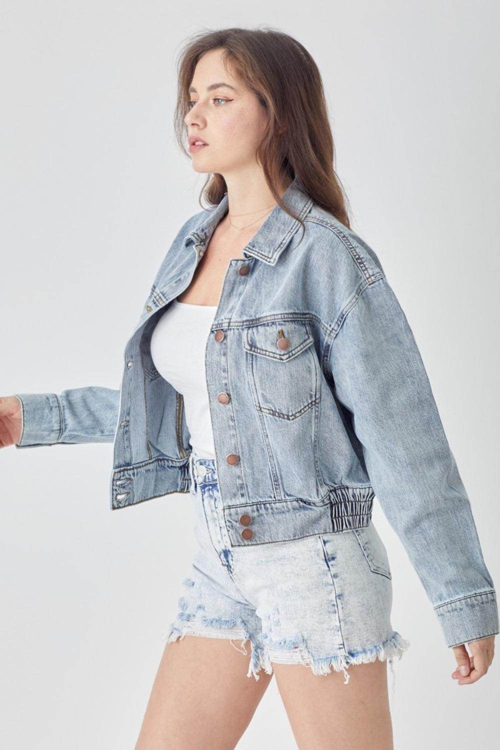 RISEN Full Size Button Down Cropped Denim Jacket for Women