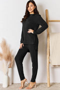 Basic Bae Full Size Ribbed Round Neck High-Low Slit Top Set