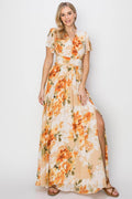 HYFVE Floral Tie Back Short Sleeve Slit Maxi Dress for Women
