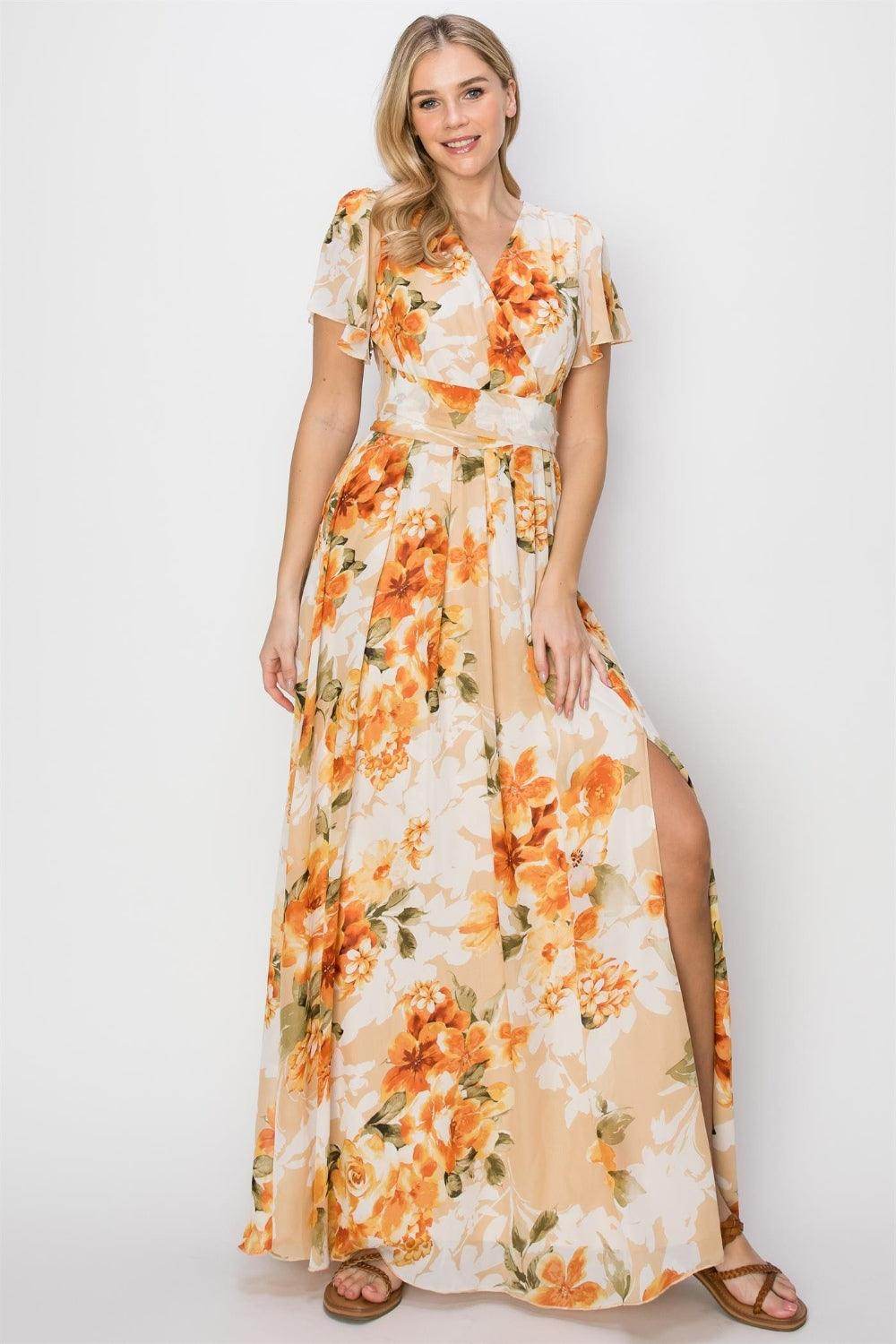 HYFVE Floral Tie Back Short Sleeve Slit Maxi Dress for Women