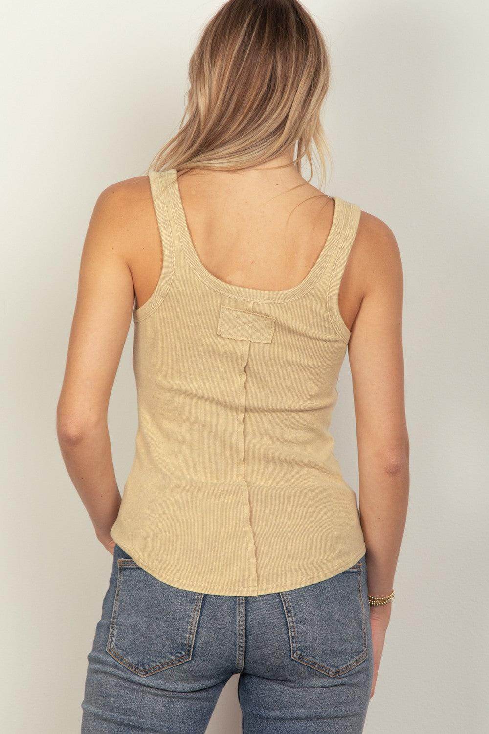 VERY J Washed Ribbed Tank with Placket Detail Top