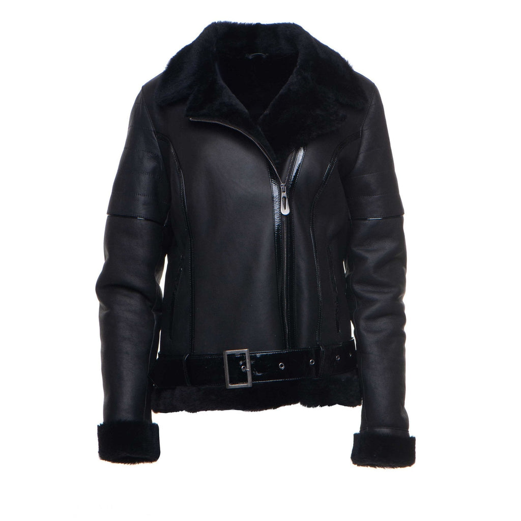 Tashas Black Sheepskin Shearling B-3 Bomber Style Jacket