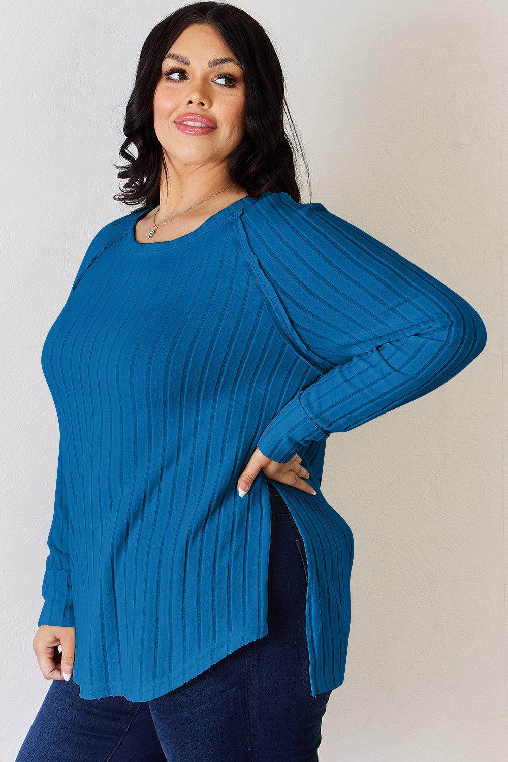 Basic Bae Full Size Ribbed Round Neck Slit T-Shirt for Women