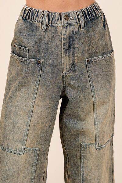 Mittoshop Washed Wide Leg Jeans with Pockets for Women