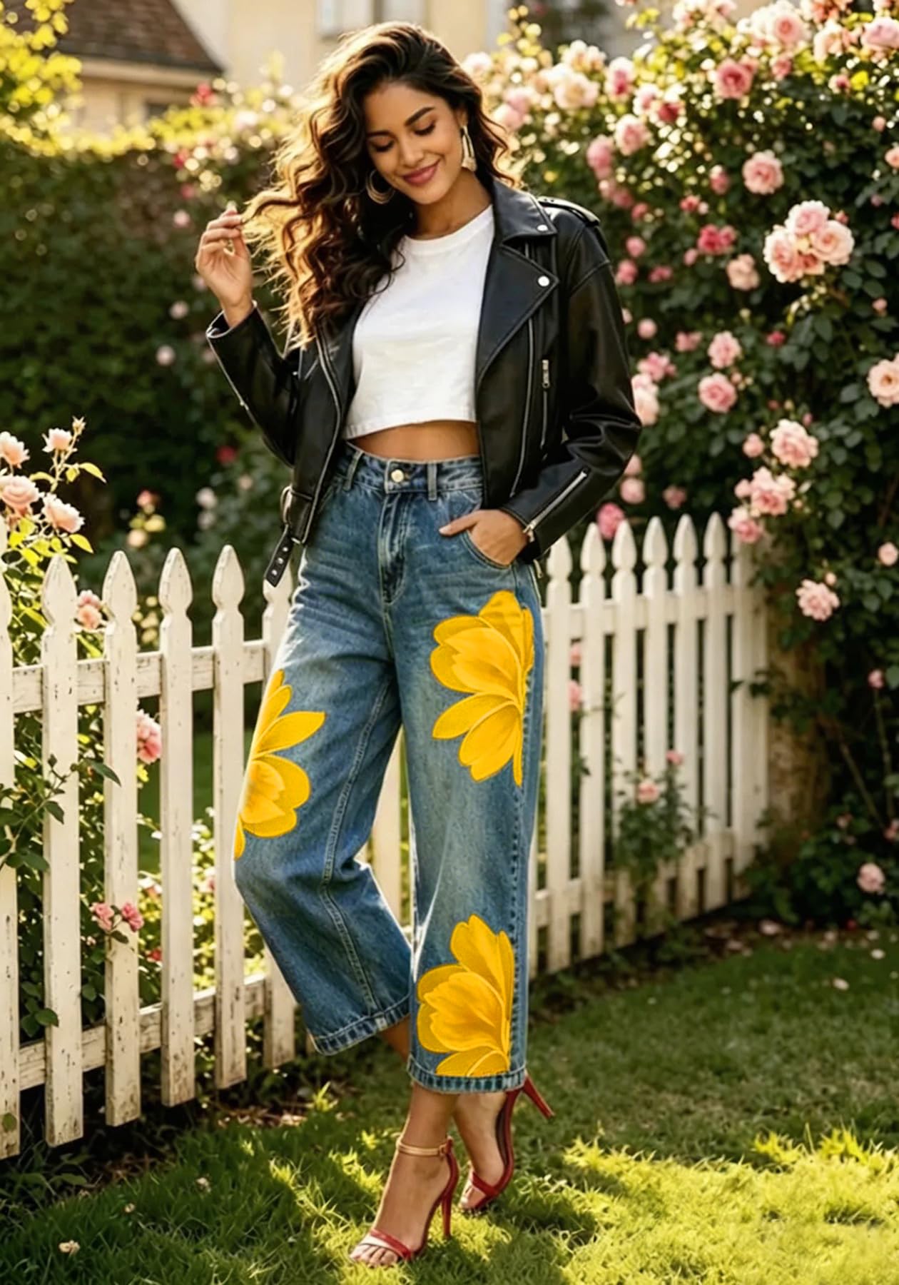 Unybwonn Women Barrel Capri Jeans Floral Wide Leg Cropped Cargo Denim Pants | High Waist,Flower Print,Distressed