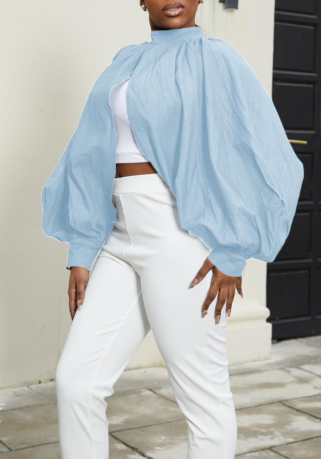 LETSVDO Women's Sexy Denim Crop Top Mock Neck Backless Puff Sleeve Open Front Bolero Shrug Asymmetrical Jean Blouse 2023