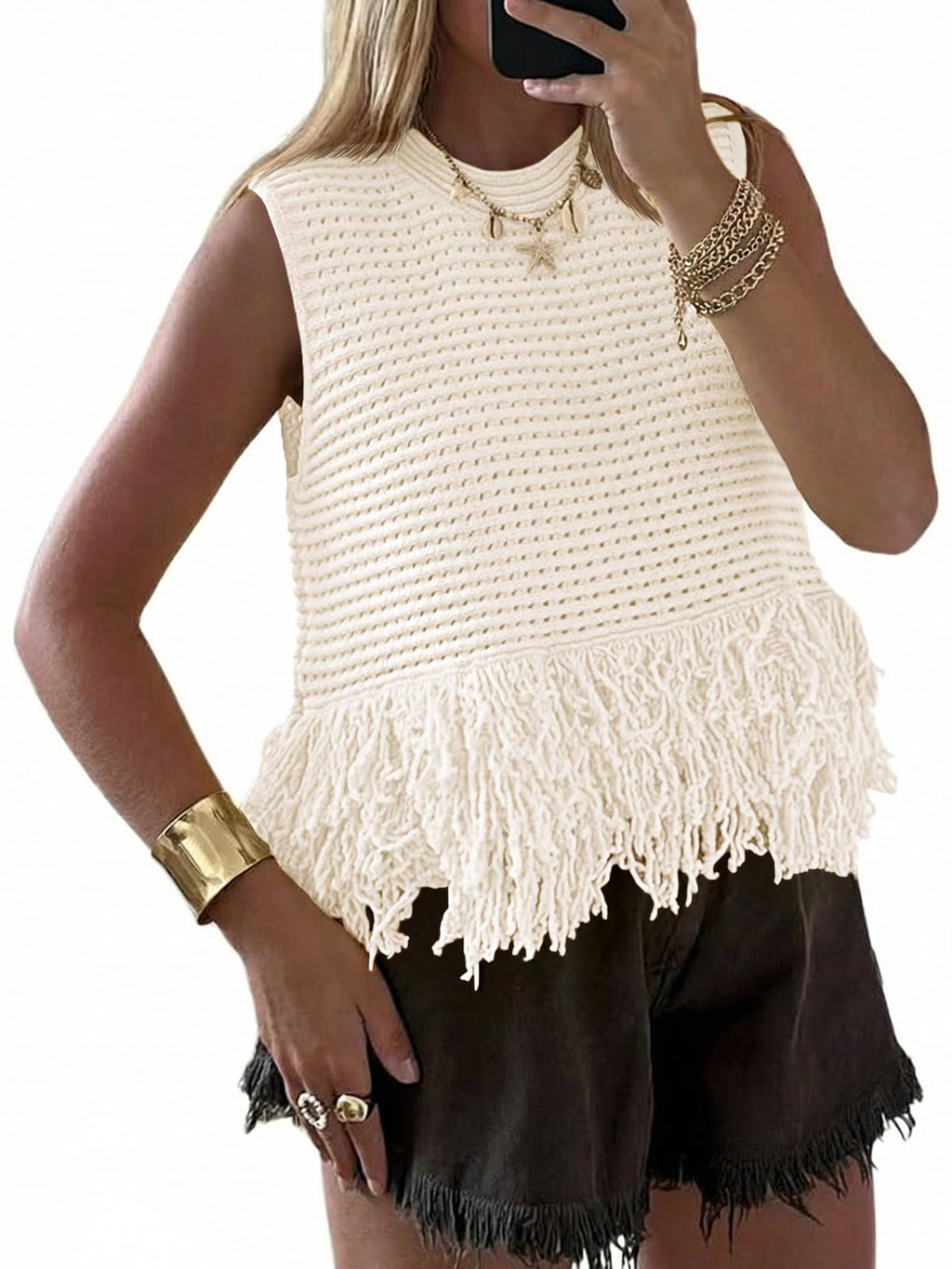 Saodimallsu Womens Crochet Crop Tank Tops Fringe Boho Summer Sweater Vest | Sleeveless,Crew Neck,Soft Knit,Summer Going Out Top,Resort Wear,Beach Vacation Outfits,Spring Fashion