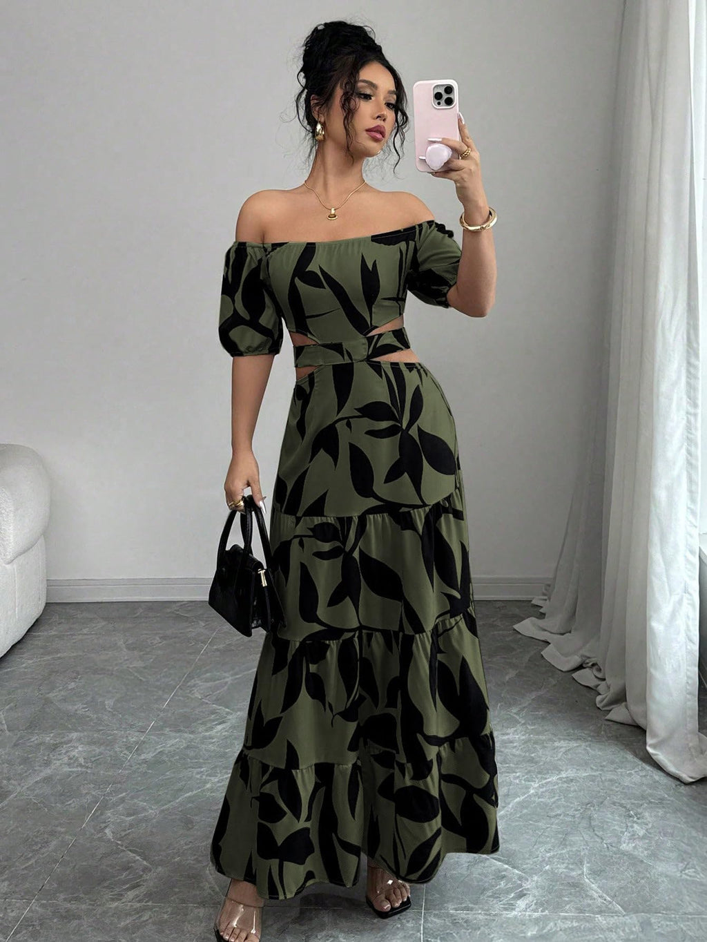 Women's Boho Off The Shoulder Short Sleeve Maxi Dresses Casual Summer Tiered Ruffle Swing Cut Out Flowy Dress