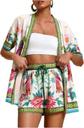 MakeMeChic Women's Two Piece Sets Summer Tropical Vacation Outfits Boho Floral Kimono Tops Shorts Set