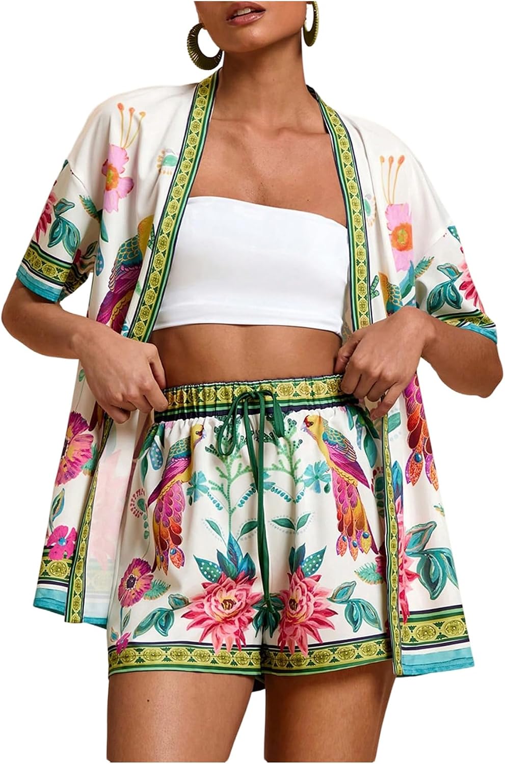 MakeMeChic Women's Two Piece Sets Summer Tropical Vacation Outfits Boho Floral Kimono Tops Shorts Set