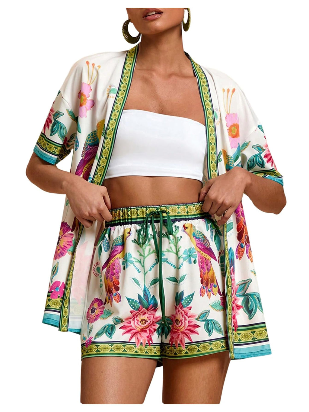 MakeMeChic Women's Two Piece Sets Summer Tropical Vacation Outfits Boho Floral Kimono Tops Shorts Set