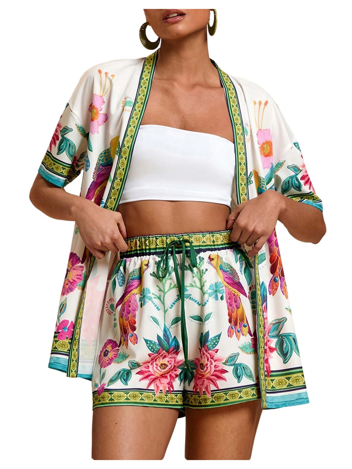 MakeMeChic Women's Two Piece Sets Summer Tropical Vacation Outfits Boho Floral Kimono Tops Shorts Set