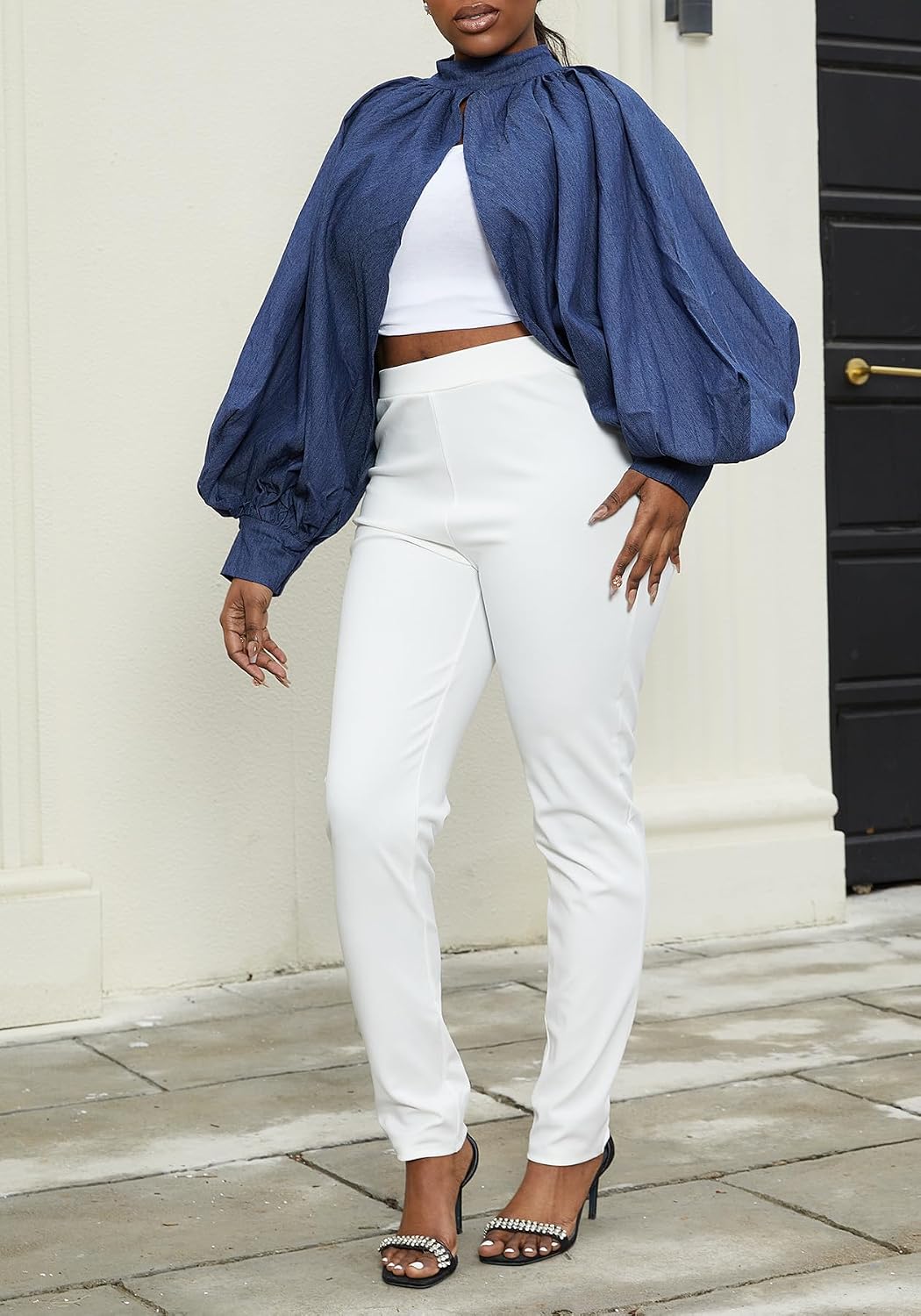 LETSVDO Women's Sexy Denim Crop Top Mock Neck Backless Puff Sleeve Open Front Bolero Shrug Asymmetrical Jean Blouse 2023