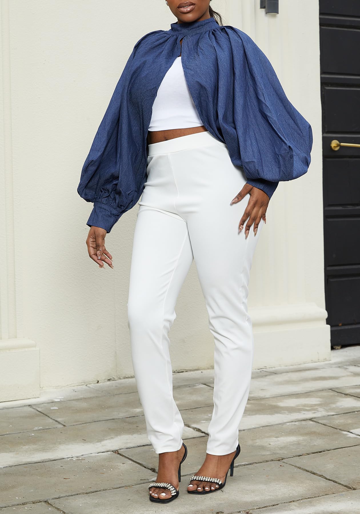 LETSVDO Women's Sexy Denim Crop Top Mock Neck Backless Puff Sleeve Open Front Bolero Shrug Asymmetrical Jean Blouse 2023